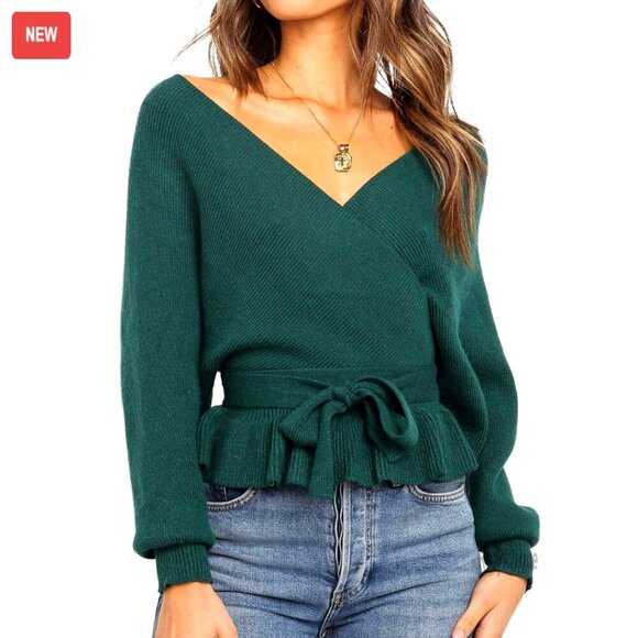Sweaters - Wrap V Neck Batwing Sleeve Belted Knit Sweater Top Size S-XL